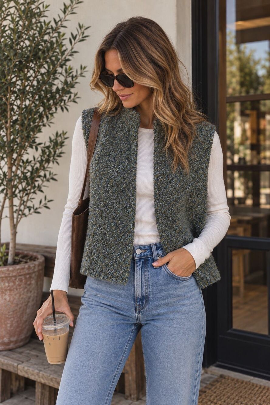 Sigrid Olsen Textured Bouclé Open Front Sweater Vest Olive Green Blue Size Small